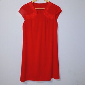 Shadowline Small Cap Sleeve Gown-Bright Red-100% Nylon-Vintage-Lace-USA Made